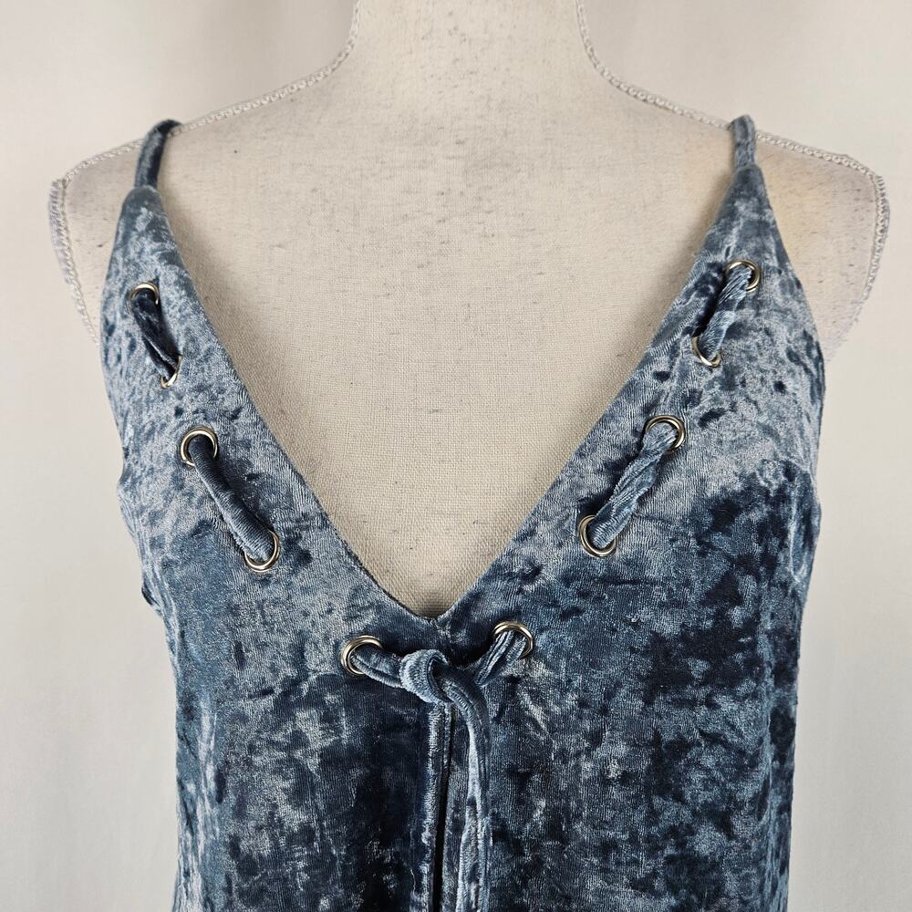Emory Park Blue Shimmer Crushed Velvet Deep Tasseled V-Neck Stretch Mini Dress S - Picture 5 of 14
